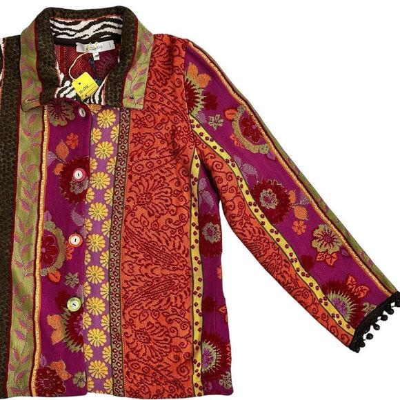 Azuleros NWT French Boho Jacquard Knit Jacket M Mix Print Flora Zebra Statement - Picture 12 of 16